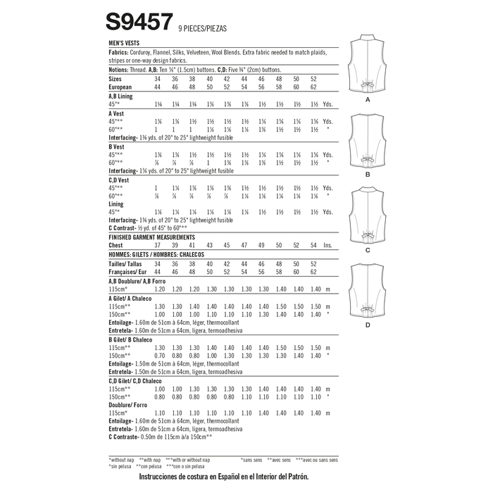 Simplicity Sewing Pattern 9457 Men's Waistcoats from Jaycotts Sewing Supplies