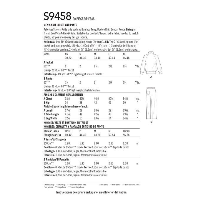 Simplicity Sewing Pattern 9458 Men's Knit Tracksuit from Jaycotts Sewing Supplies