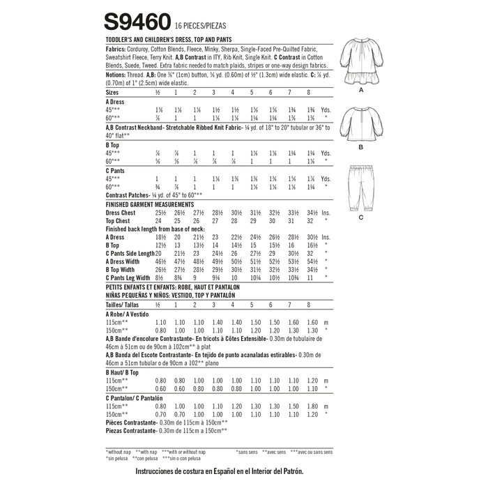 Simplicity Pattern 9460 Toddlers Dress, Top and Pants from Jaycotts Sewing Supplies