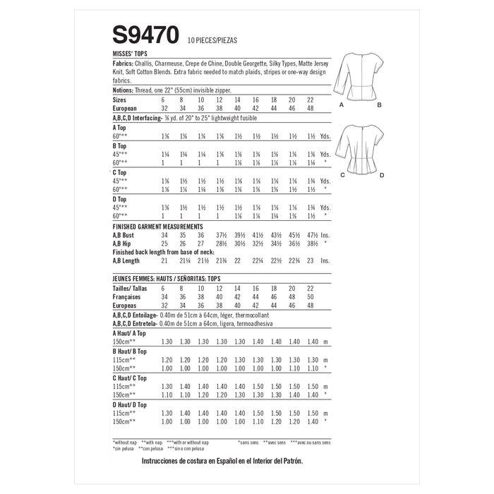Simplicity Sewing Pattern 9470 Misses Tops from Jaycotts Sewing Supplies