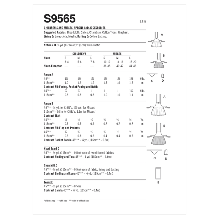 Simplicity 9565 Children's and Misses' Aprons and Accessories pattern from Jaycotts Sewing Supplies