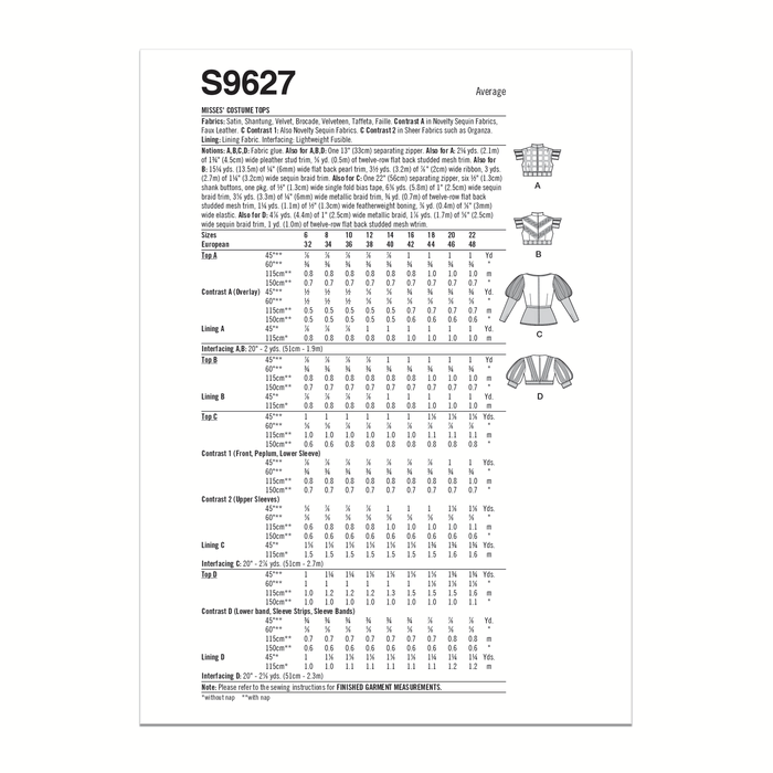 Simplicity sewing pattern 9627 Misses' Costume Tops by Andrea Schewe Designs from Jaycotts Sewing Supplies