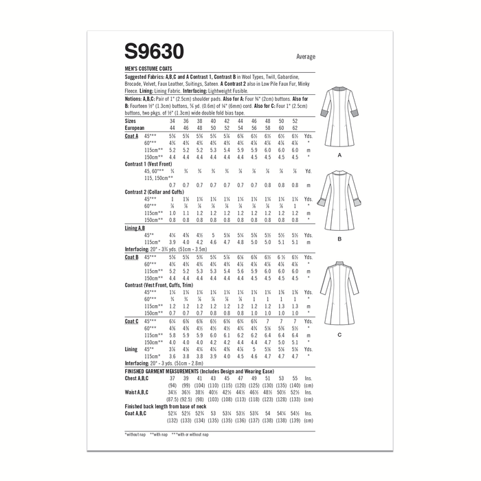 Simplicity sewing pattern 9630 Men's Costume Coats from Jaycotts Sewing Supplies