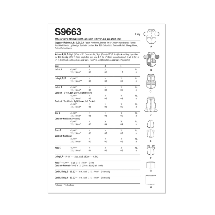 Simplicity pattern 9663 Pet Coats with Optional Hoods and Cowls from Jaycotts Sewing Supplies