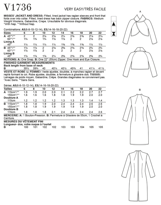 Vogue sewing pattern 1736 Lined Raglan-Sleeve Jacket and Funnel-Neck Dress from Jaycotts Sewing Supplies