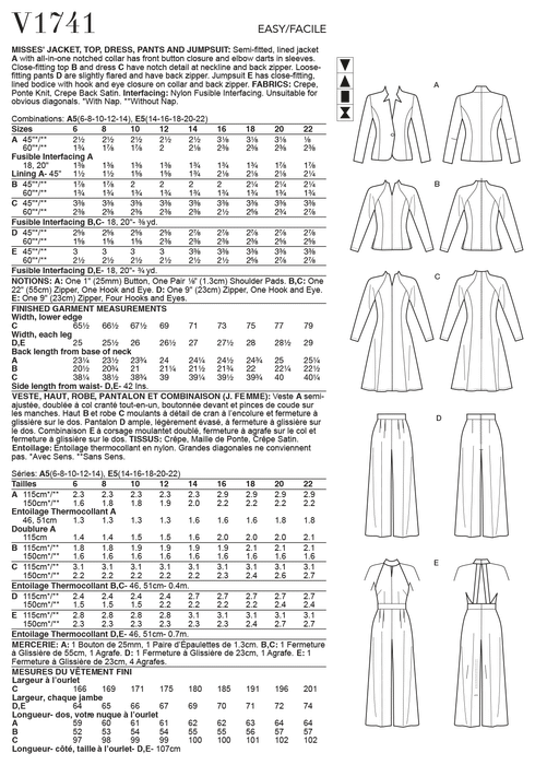 Vogue sewing pattern 1741 Jacket, Top, Dress, Pants and Jumpsuit from Jaycotts Sewing Supplies