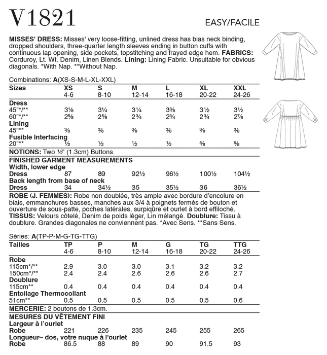 Vogue Sewing pattern 1821 Misses' Dress from Jaycotts Sewing Supplies