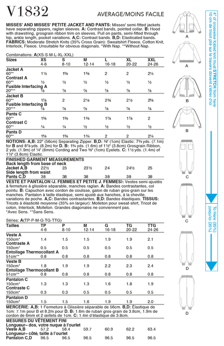 Vogue Sewing pattern 1832 Misses' / Misses' Petite Jogging top and pants from Jaycotts Sewing Supplies