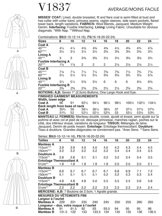 Vogue 1837 Misses Coat pattern from Jaycotts Sewing Supplies
