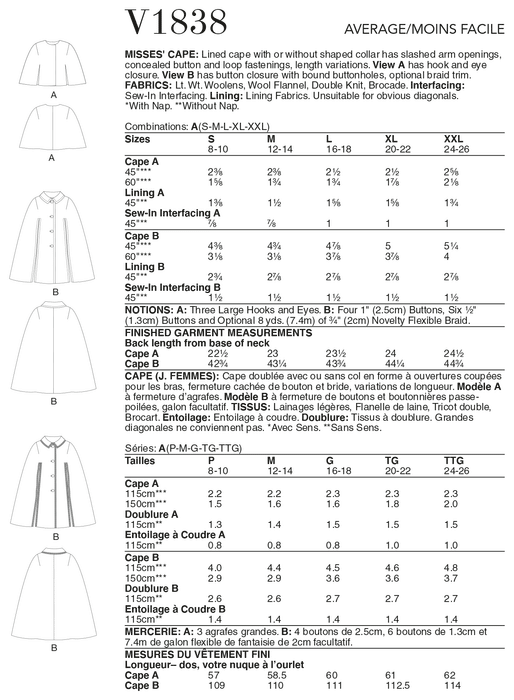 Vogue 1838 Misses Cape pattern from Jaycotts Sewing Supplies