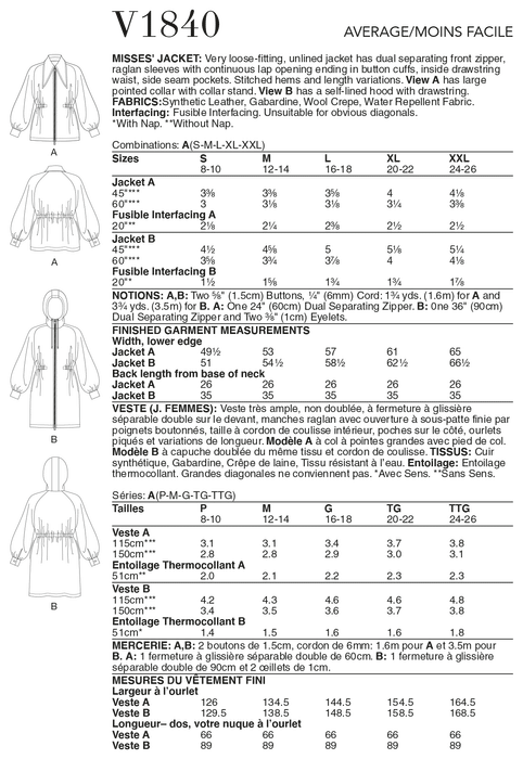 Vogue 1840 Misses Jacket pattern from Jaycotts Sewing Supplies
