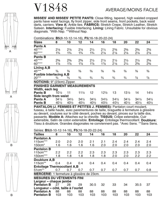 Vogue 1848 Misses \ Petite Pants pattern from Jaycotts Sewing Supplies