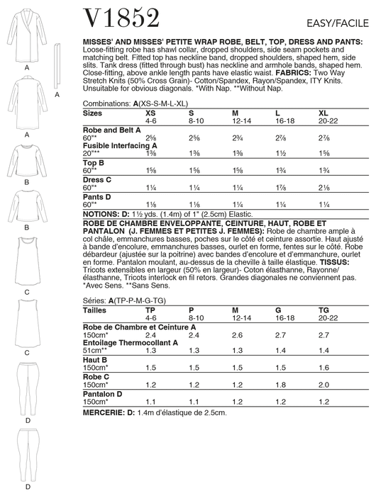 Vogue 1852 Misses \ Petite Wrap Robe and Sleepwear pattern from Jaycotts Sewing Supplies