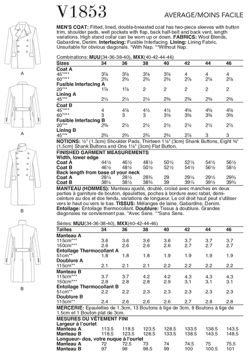 Vogue 1853 Mens Coat pattern from Jaycotts Sewing Supplies