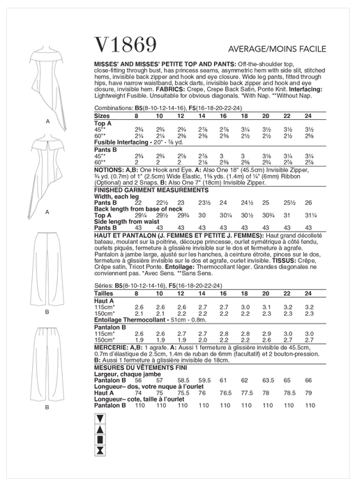 Vogue Sewing Pattern 1869 Misses' and Misses' Petite Top and Pants from Jaycotts Sewing Supplies