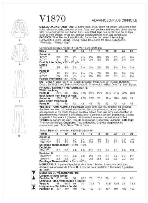 Vogue Sewing Pattern 1870 Misses' Jacket and Trousers from Jaycotts Sewing Supplies