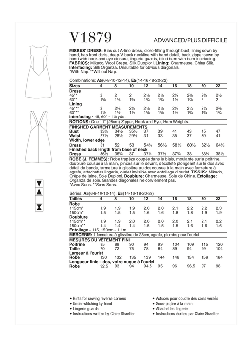 Vogue sewing pattern 1879 Misses' Dress by Claire Shaeffer from Jaycotts Sewing Supplies