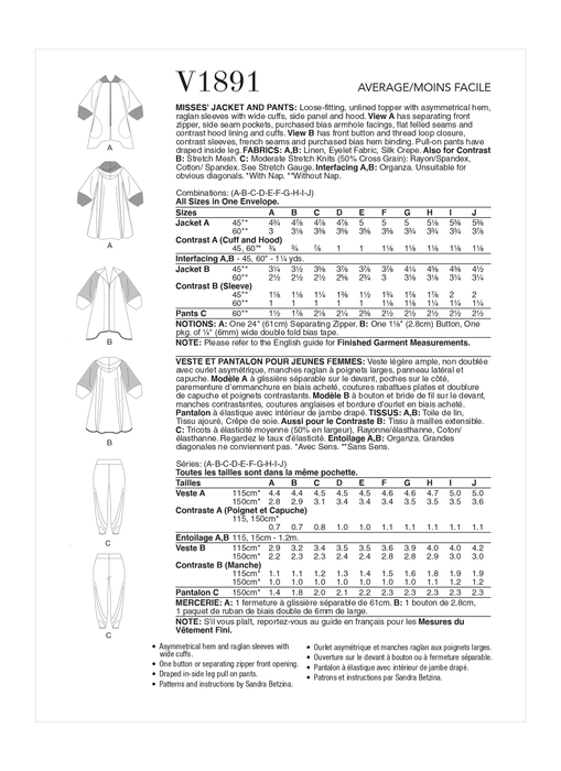 Vogue pattern 1891 Misses' Jacket and Pants by Sandra Betzina from Jaycotts Sewing Supplies