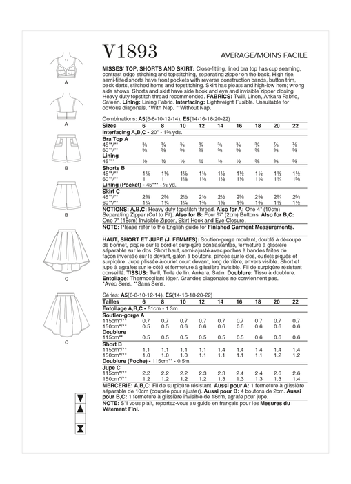 Vogue sewing pattern 1893 Summer Top, Shorts and Skirt from Jaycotts Sewing Supplies