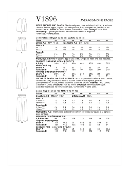 Vogue sewing pattern 1896 Men's Shorts and Trousers from Jaycotts Sewing Supplies