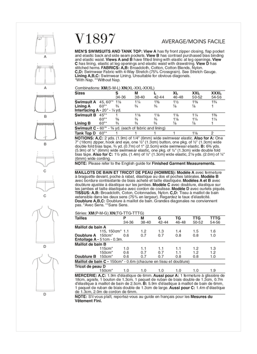 Vogue sewing pattern 1897 Men's Swimming Shorts and Vest from Jaycotts Sewing Supplies