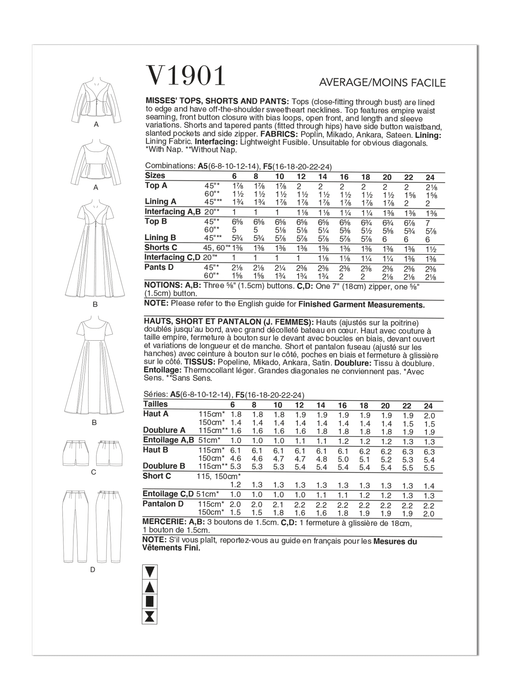 Vogue sewing pattern 1901 Misses' Tops, Shorts and Pants from Jaycotts Sewing Supplies