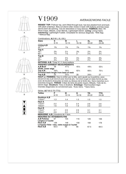 Vogue sewing pattern 1909 Misses' Top from Jaycotts Sewing Supplies