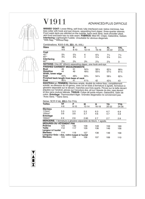 Vogue sewing pattern 1911 Misses' Coat by Guy Laroche from Jaycotts Sewing Supplies