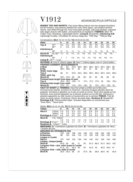 Vogue sewing pattern 1912 Misses' Top and Shorts by Rachel Comey from Jaycotts Sewing Supplies