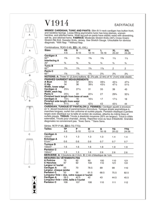 Vogue sewing pattern 1914 Misses' Cardigan, Tunic and Pants from Jaycotts Sewing Supplies