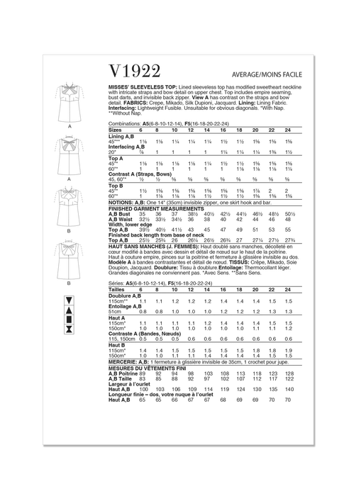 Vogue Sewing Pattern 1922 Sleeveless Top from Jaycotts Sewing Supplies