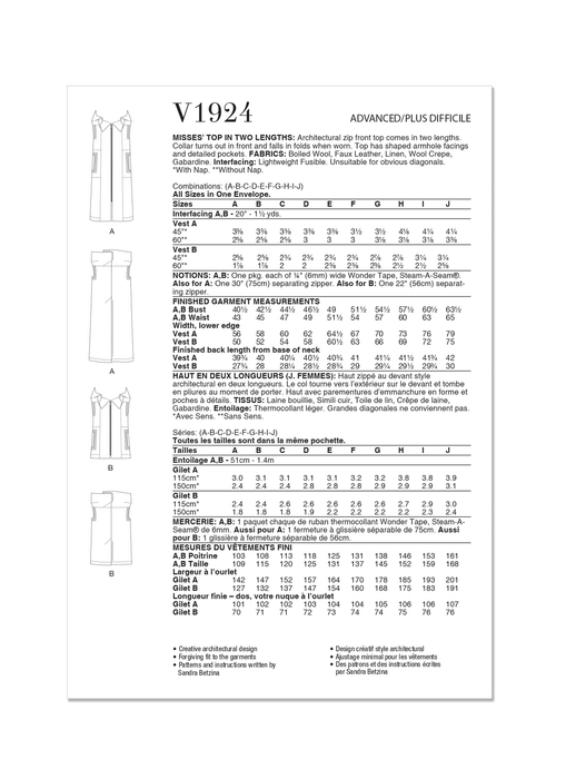 Vogue Sewing Pattern 1924 Top by Sandra Betzina from Jaycotts Sewing Supplies