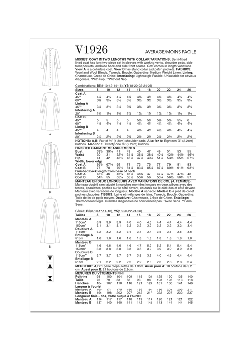 Vogue Sewing Pattern 1926 Coat with length and Collar Variations from Jaycotts Sewing Supplies