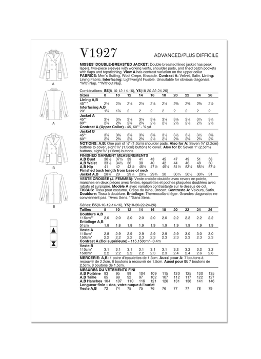 Vogue Sewing Pattern 1927 Double-Breasted Jacket from Jaycotts Sewing Supplies