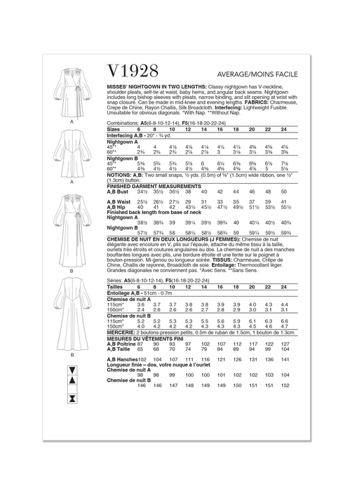Vogue Sewing Pattern 1928 Nightgown in Two Lengths from Jaycotts Sewing Supplies