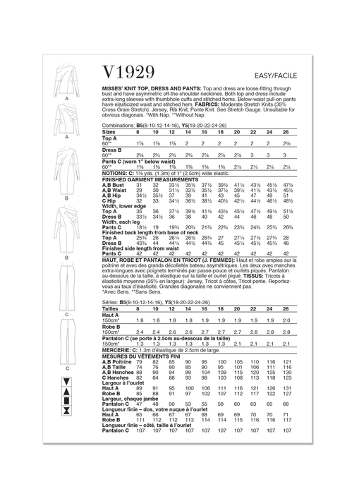 Vogue Sewing Pattern 1929 Knit Top, Dress and Pants from Jaycotts Sewing Supplies