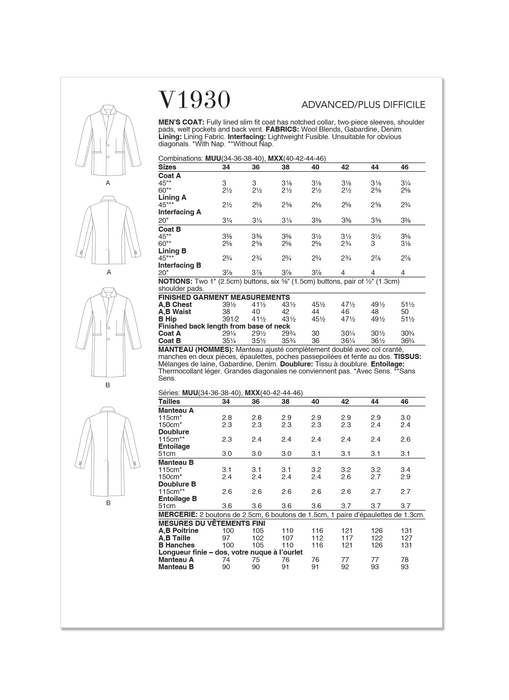 Vogue Sewing Pattern 1930 Men's Coat from Jaycotts Sewing Supplies