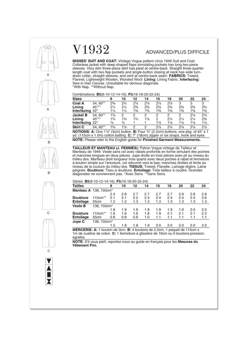 Vogue Sewing Pattern 1932 Vintage Suit and Coat from Jaycotts Sewing Supplies