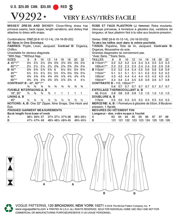 Vogue Pattern 9292 Misses' Dress and Dickie Pattern from Jaycotts Sewing Supplies