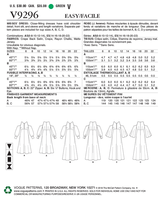 Vogue Pattern 9296 Misses' Dress Pattern from Jaycotts Sewing Supplies
