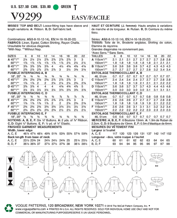 Vogue Pattern 9299 Misses' Top and Belt Sewing Pattern from Jaycotts Sewing Supplies