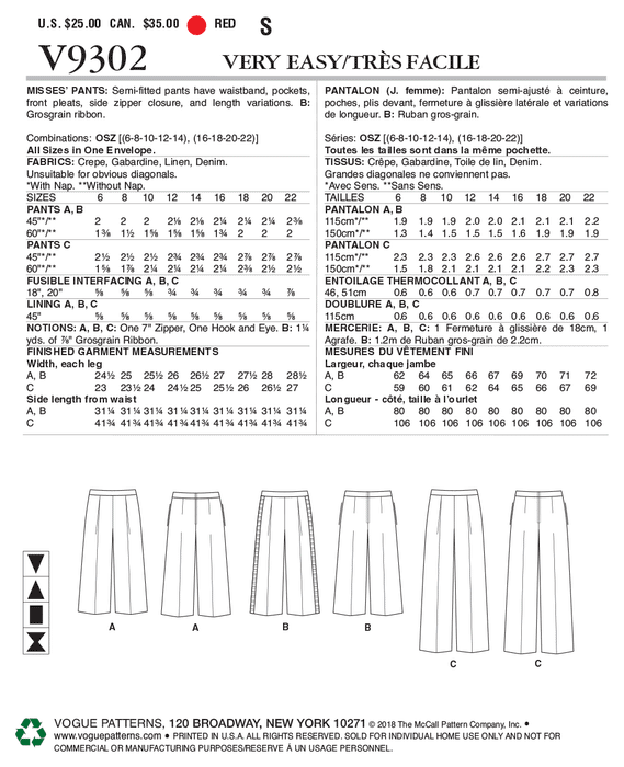 Vogue Pattern 9302 Misses' Trousers pattern from Jaycotts Sewing Supplies