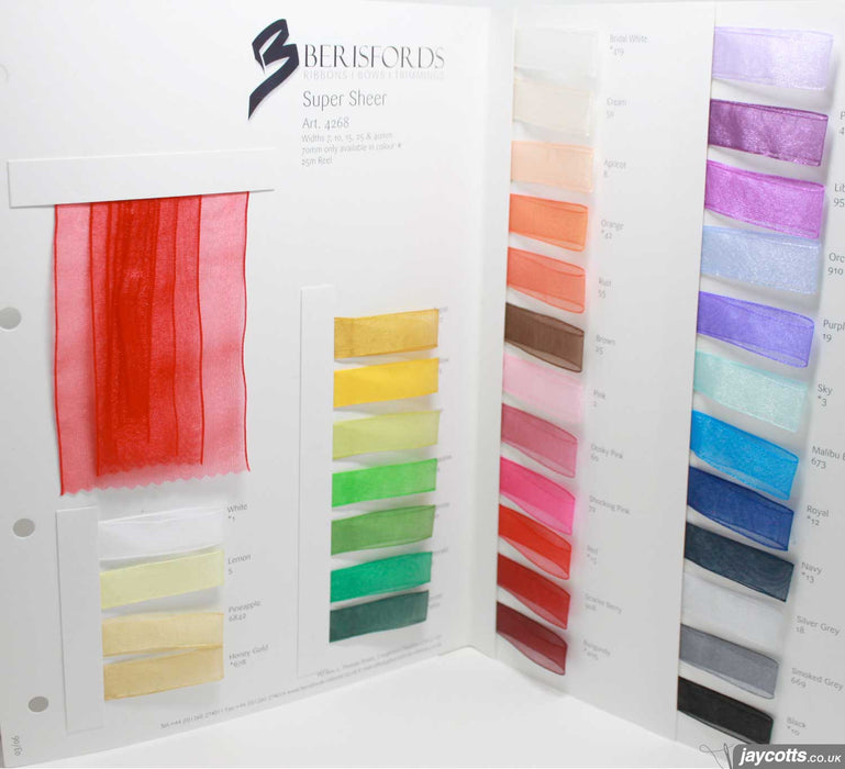 Berisfords Super Sheer Ribbon: Sample Card from Jaycotts Sewing Supplies