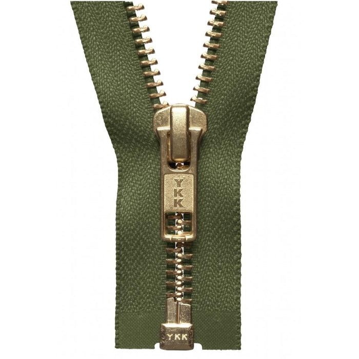YKK Open End Zip Gold Teeth | Khaki Green from Jaycotts Sewing Supplies