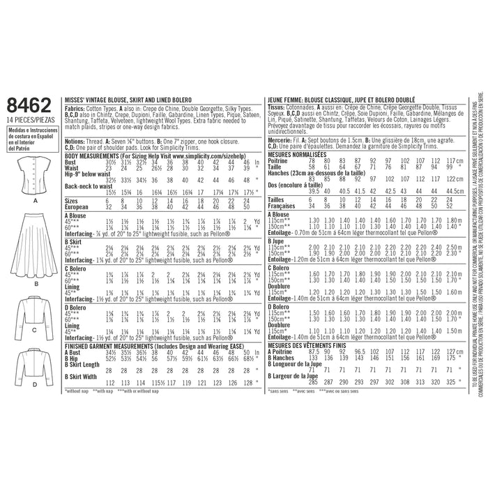 Simplicity Pattern 8462 vintage blouse skirt and lined bolero from Jaycotts Sewing Supplies