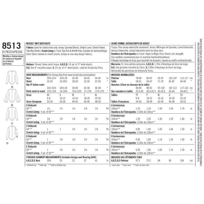 Simplicity Pattern 8513 misses knit bodysuits from Jaycotts Sewing Supplies