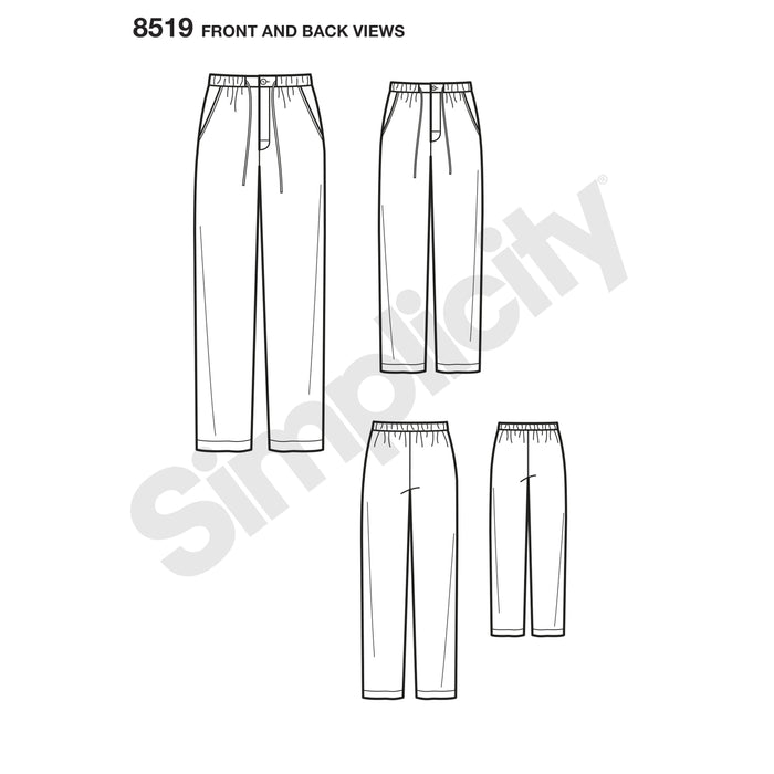 Simplicity Pattern 8519 boys and mens slim fit lounge trousers from Jaycotts Sewing Supplies