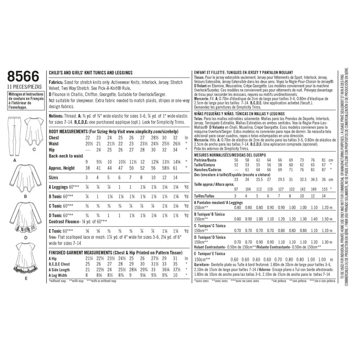Simplicity Pattern 8566 childs girls tunics leggings from Jaycotts Sewing Supplies
