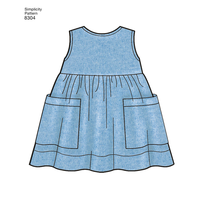 Simplicity Pattern 8304 babies leggings top dress bibs and headband from Jaycotts Sewing Supplies