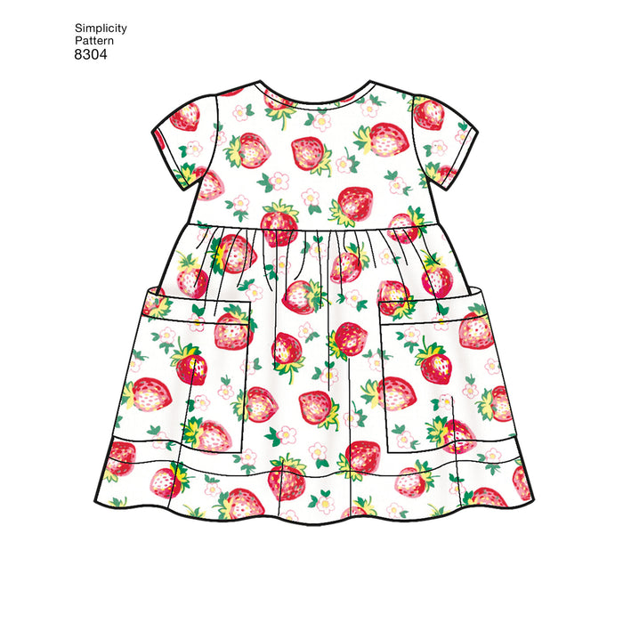 Simplicity Pattern 8304 babies leggings top dress bibs and headband from Jaycotts Sewing Supplies